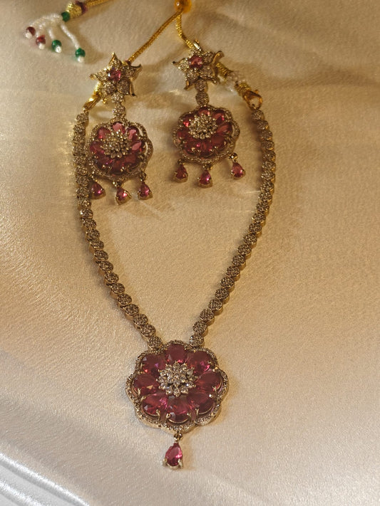 American Diamond Pink Stone Necklace Set