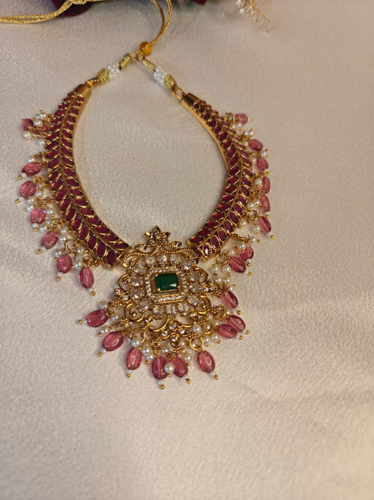 Beaded Ruby Necklace with Earrings