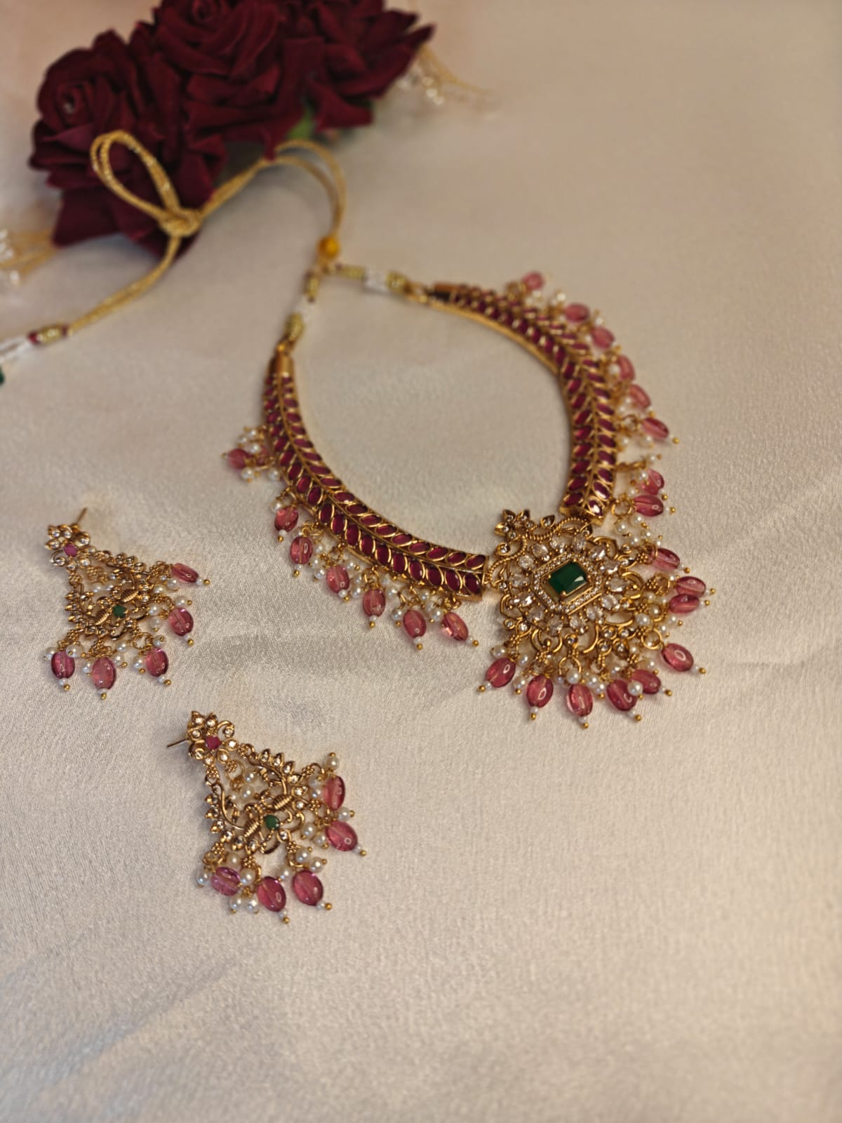 Beaded Ruby Necklace  with Earrings