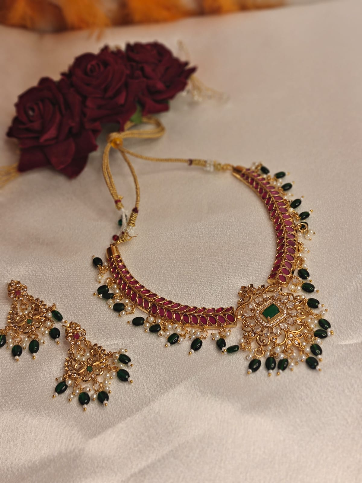 Beaded Ruby Necklace  with Earrings