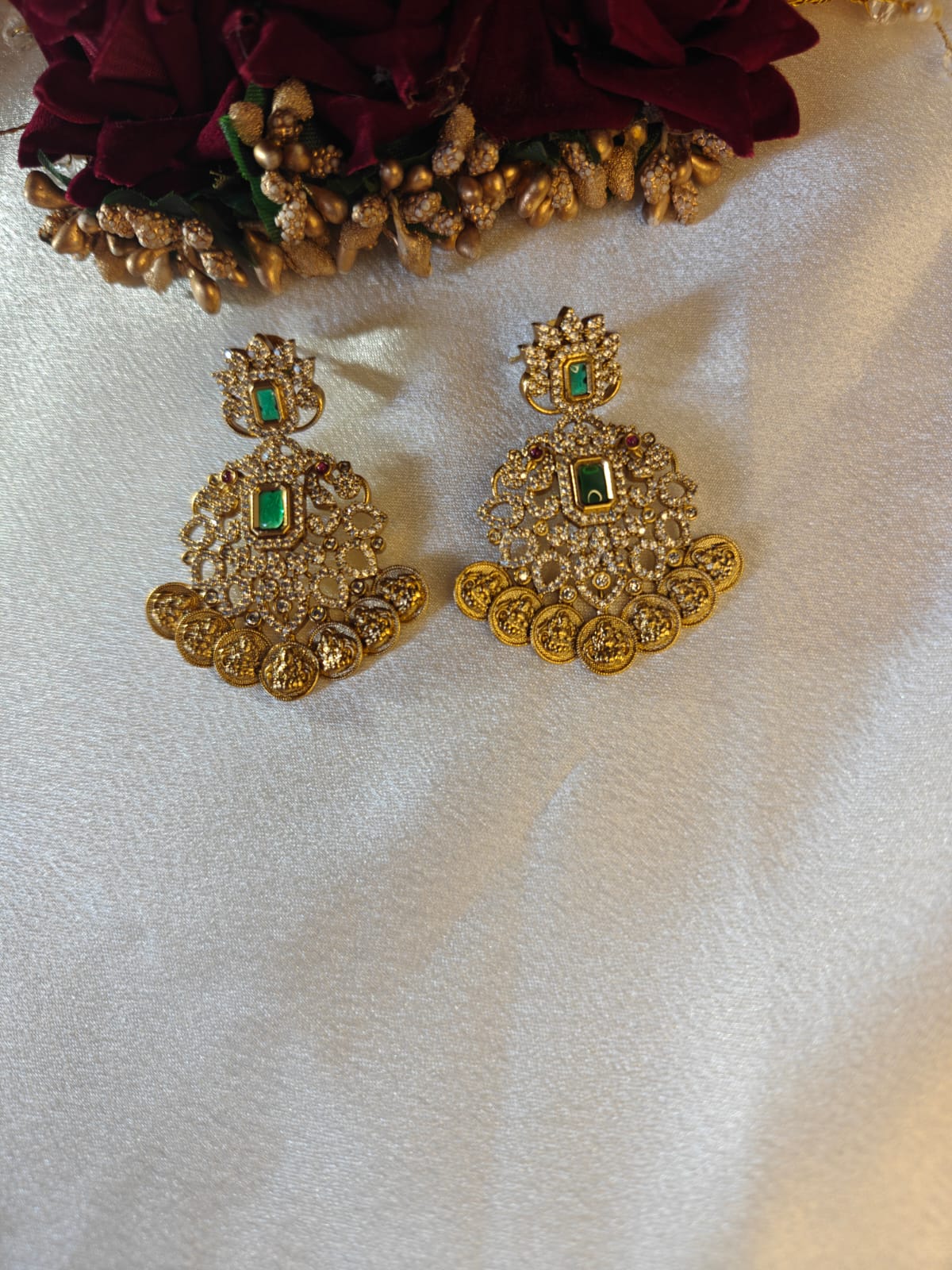 White Stone Lakshmi Coin Earrings