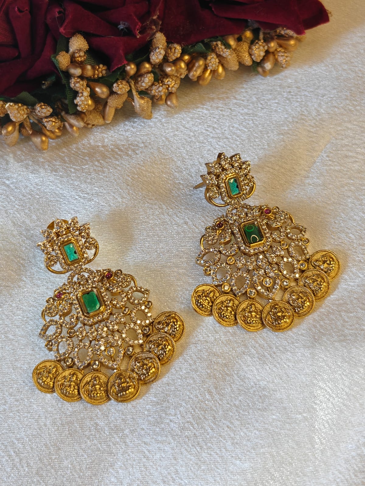 White Stone Lakshmi Coin Earrings