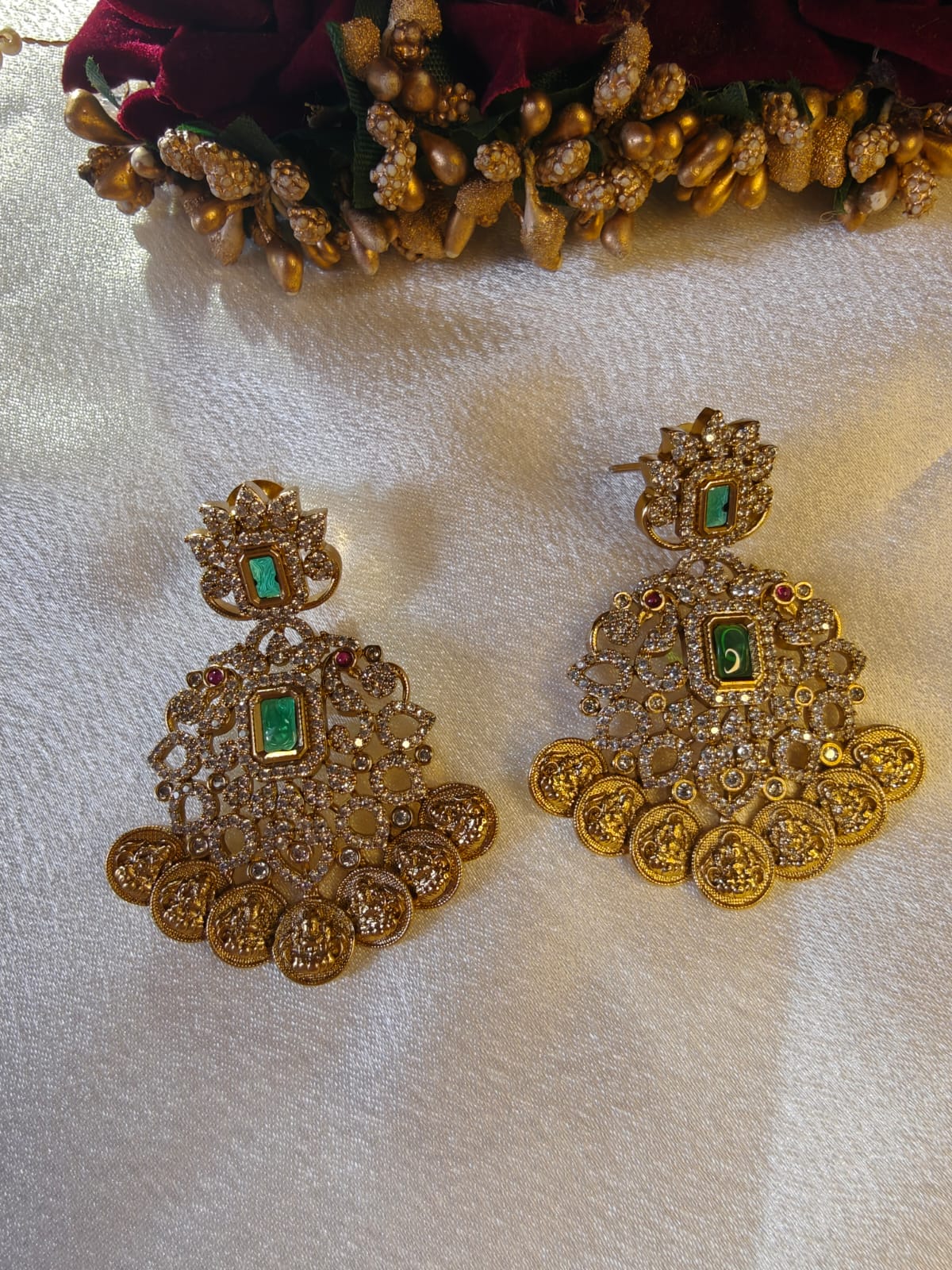 White Stone Lakshmi Coin Earrings