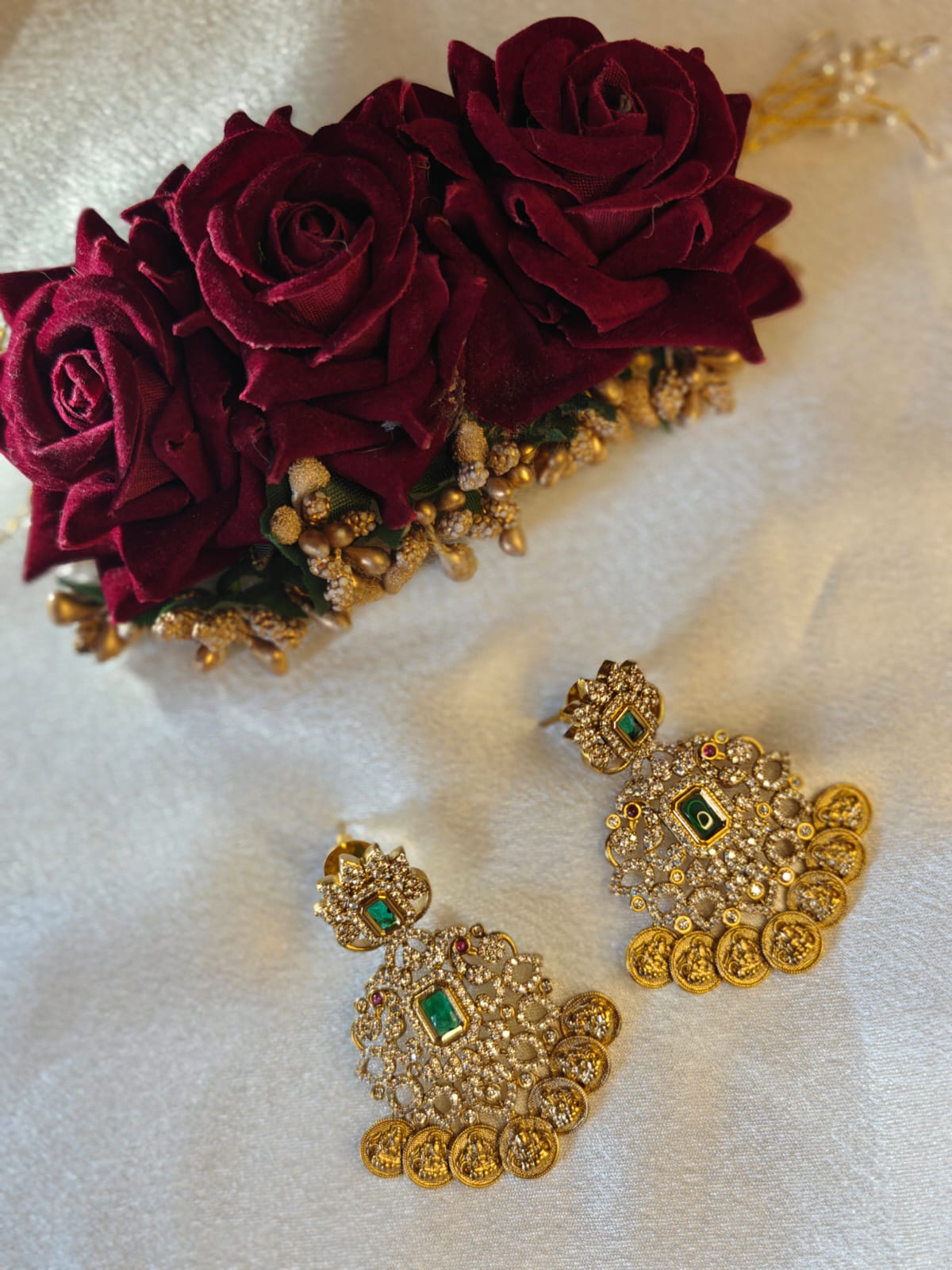 White Stone Lakshmi Coin Earrings