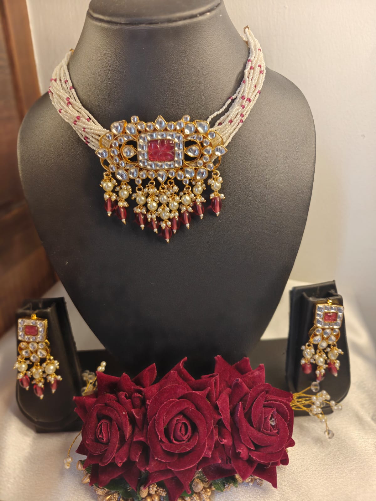 Ruby Pearl Choker Necklace Set