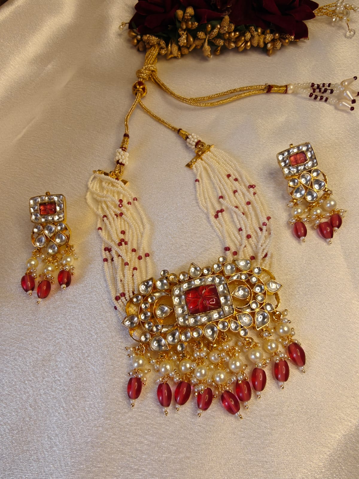 Ruby Pearl Choker Necklace Set
