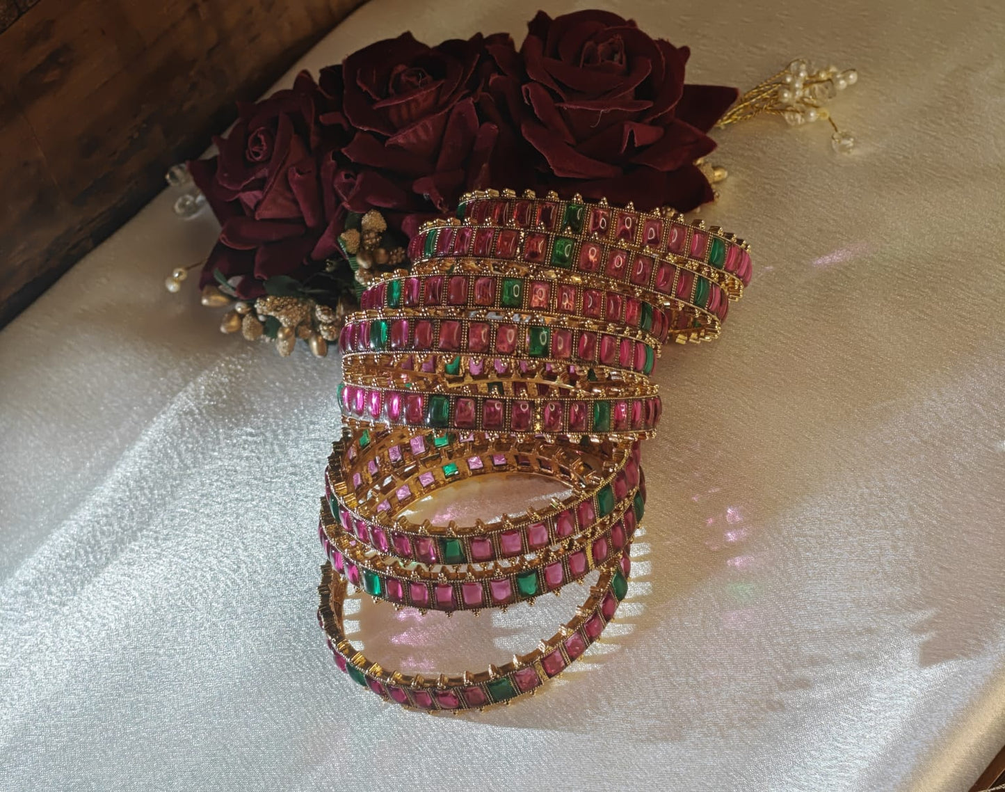 Ruby Bangles with Square Green Stone