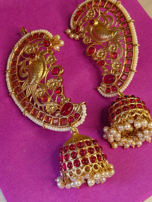 Kundan Ear Cuff Ruby Jhumka Earrings